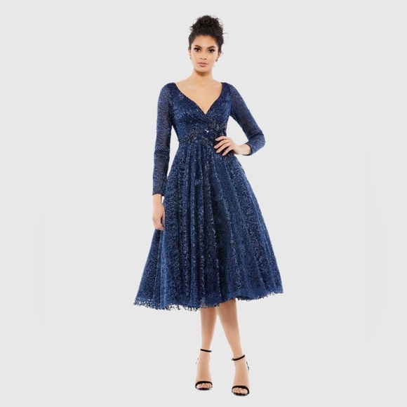 MAC DUGGAL 11218 Long Sleeve Tea Length Dress - Picture 1 of 8